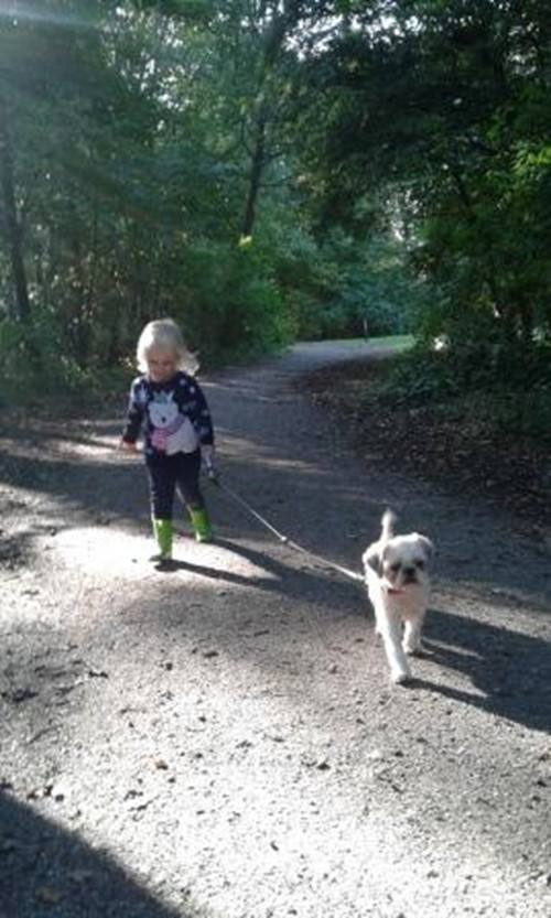 kind laat hond uit