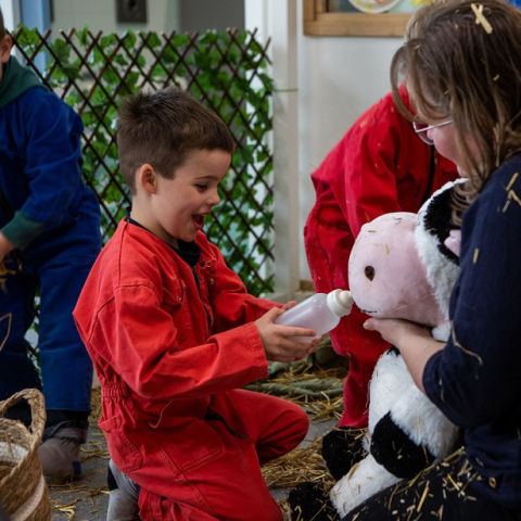 jongen geeft knuffelkoe een fles